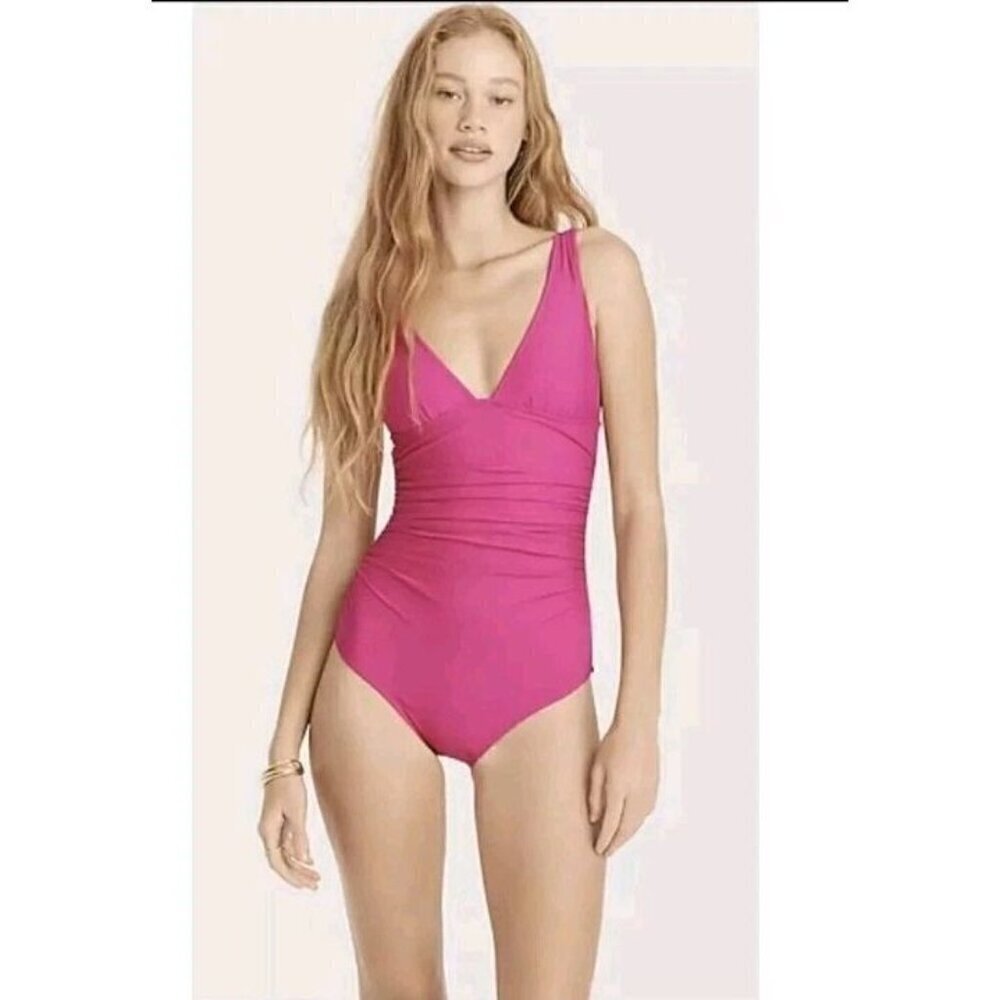 J. Crew Long-Torso Ruched V-neck One-Piece Swim Radiant Fuchsia Pink Size 20